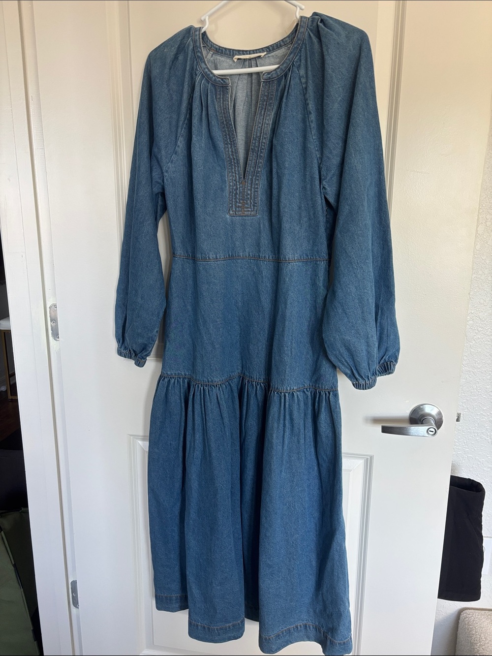 Denim Long Sleeve Tiered Midi Dress - Blue
